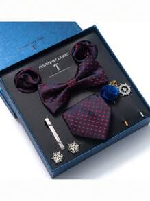 AlanKing 1set Orange Necktie, Pocket Square, Cufflinks, Boutonniere Suit For Men, Wedding Party Formal Gift Box Christmas