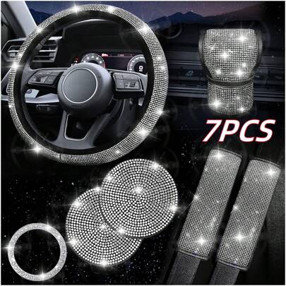 7 Pack Crystal Rhinestone Rhinestone Car Accessories, Bling Car Accessories For Women, Bling Steering Wheel Cover, Bling Car Seat Belt Cover, Gear Shift Cover, Car Bling Ring, Cup Holder Coasters