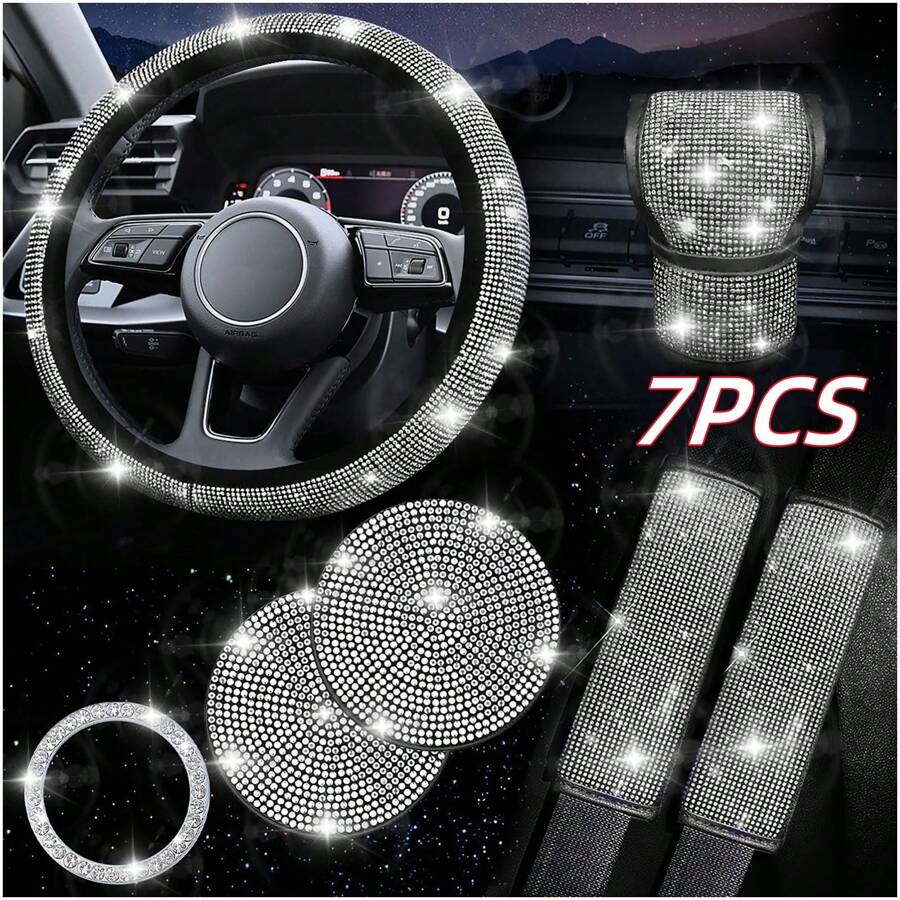 7 Pack Crystal Rhinestone Rhinestone Car Accessories, Bling Car Accessories For Women, Bling Steering Wheel Cover, Bling Car Seat Belt Cover, Gear Shift Cover, Car Bling Ring, Cup Holder Coasters,Car Accessories Women - one-size - View 1