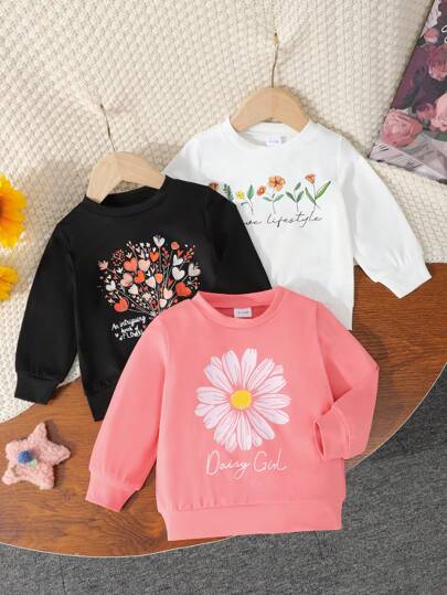 Baby Girl 3pcs/Set Long Sleeve Crew Neck Sweatshirts, Children Spring Autumn Casual Layering Tops