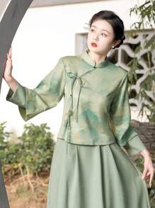 秋季中国风优雅绿色山水印花编织二合一绒面革适合农历新年、日常、街头、通勤、居家等场合穿的汉服上衣（仅限上衣） - 綠色 - 查看 7