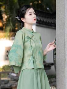 秋季中国风优雅绿色山水印花编织二合一绒面革适合农历新年、日常、街头、通勤、居家等场合穿的汉服上衣（仅限上衣） - 綠色 - 查看 5