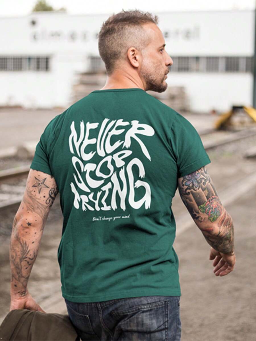 Men's 100% Cotton Basic Printed Never Stop T-Shirt Premium Comfortable Shirt - 軍綠色 - 查看 1