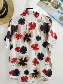 Men's Summer Floral Hawaiian Beach Shirt Short Sleeve Button Viscose Fabric - Đỏ - Xem 2