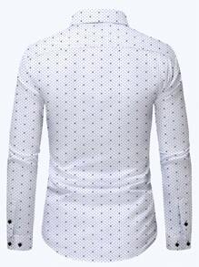 男士白色几何印花衬衫，修身长袖单排扣翻领白衬衫，适合春、夏、秋季，优雅时尚的工作和正式派对上衣，涤纶材质