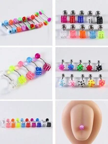 5pcs/10pcs Random Color Acrylic Dice Shaped Barbell Tongue Rings, Silicone Textured Tongue Piercing Jewelry - Multicolor - View 1