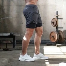 2 In 1 Double Shorts For Running With Internal Pocket Protection - 黑色 - 查看 2