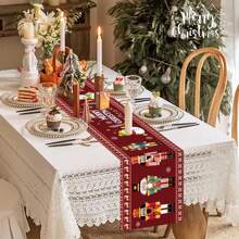 1PC Christmas Table Runner, Merry Christmas Tablecloth Flag, Nutcracker Red Christmas Table Runner Decorated Snowman, Reindeer Snowflake Christmas Table Runner Family Holiday Party Christmas Dinner Flag Decoration - Red - View 1