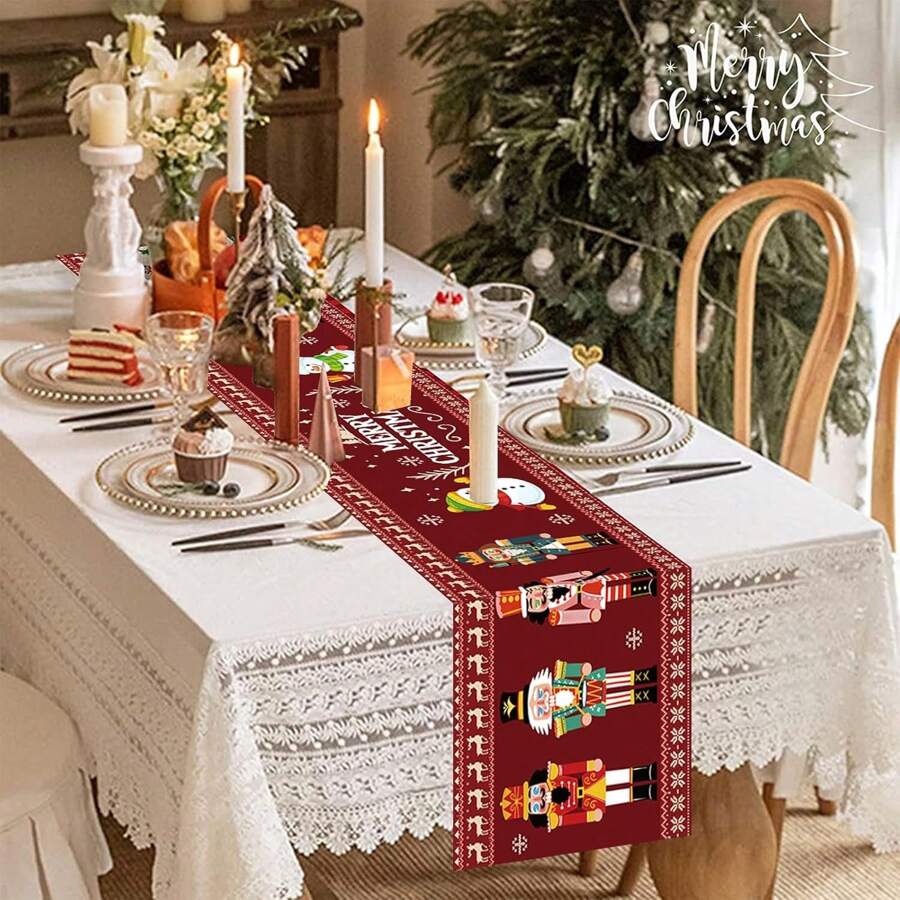 1PC Christmas Table Runner, Merry Christmas Tablecloth Flag, Nutcracker Red Christmas Table Runner Decorated Snowman, Reindeer Snowflake Christmas Table Runner Family Holiday Party Christmas Dinner Flag Decoration - Red - View 1