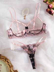 Floral Embroidered Sheer Bra And G-String Sexy Lingerie Set For Women - 粉色 - 查看 3