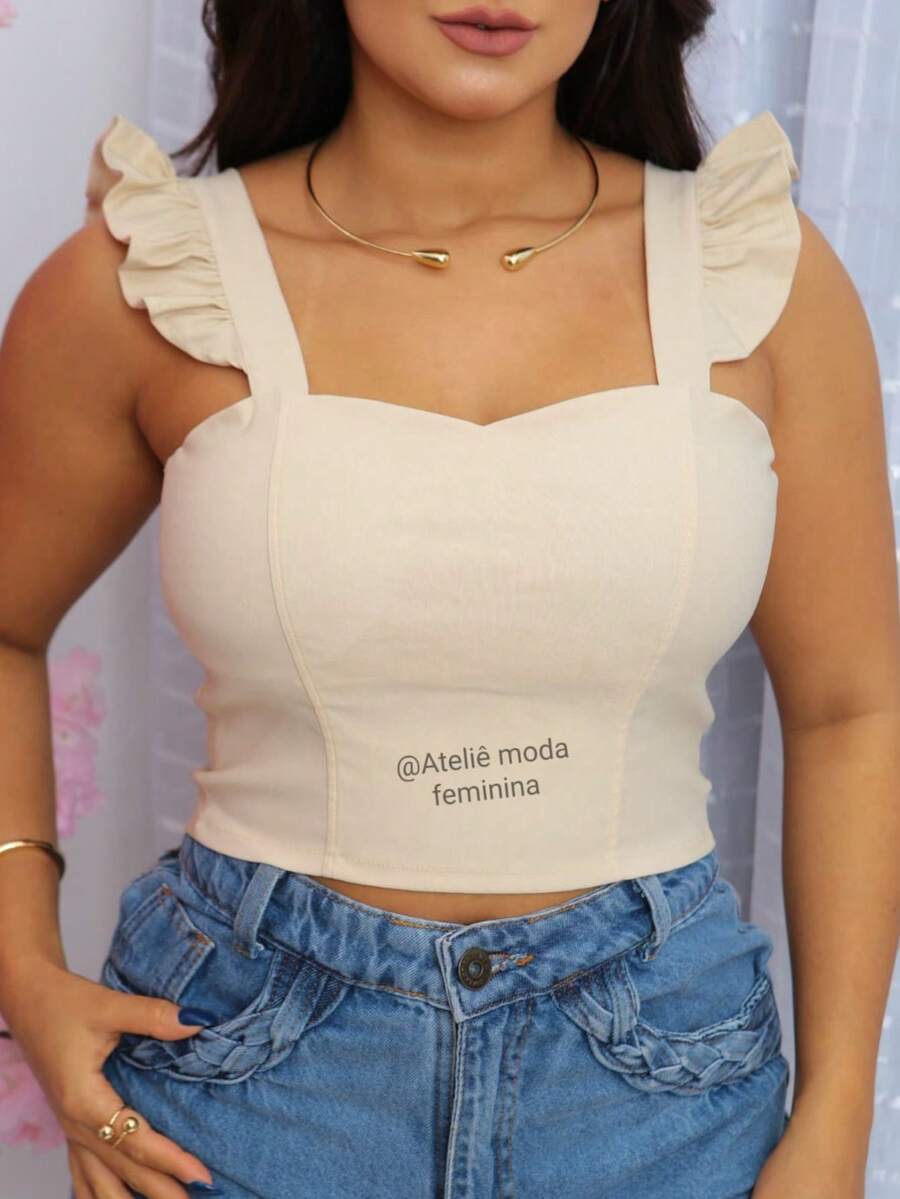 Cropped Top With Thick Straps And Ruffles In Bengaline Fabric - 米色 - 查看 1