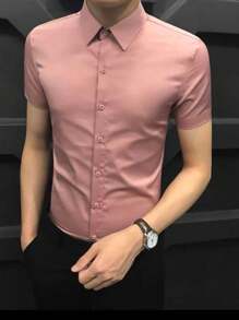 Men's Plain COTTON Short Sleeve Button Down Shirt - 藕粉色 - 查看 3