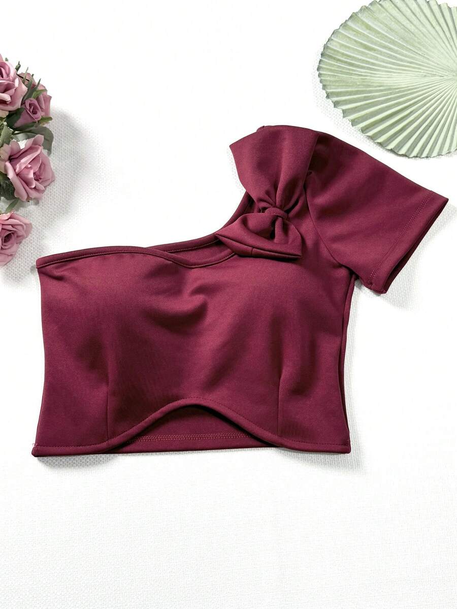 Cropped Top With Bow Tie Padding2024 - 酒紅色 - 查看 1