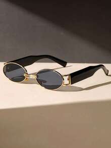 Vintage 1pc Classic Oval Shaped Gold Frame & Tea Legs Decor Fashion Eyeglasses Beach Accessories Glasses Shades - Grey - View 9