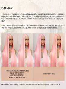 Soft 26inch 180%Density Black 13*4 Synthetic Hair Front Lace Wig Glueless Heat Resistant And Breathable Synthetic Fiber Hair Natural Hairline Free Parting For Party Daily Use - Baby Pink - View 10