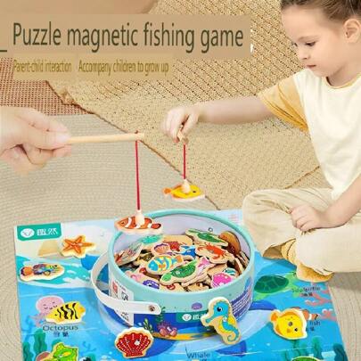 蒙特梭利幼儿钓鱼游戏 - 儿童木制钓鱼玩具礼物，适合 3 岁女孩男孩（随机动物），男孩玩具，男孩玩具，木制玩具