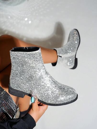 Women's Plus Size Sequin Embellished Round Toe Side Zipper Chunky Heel Chelsea Boots, Outdoor Punk Style Short Ankle Boots For Autumn/Winter