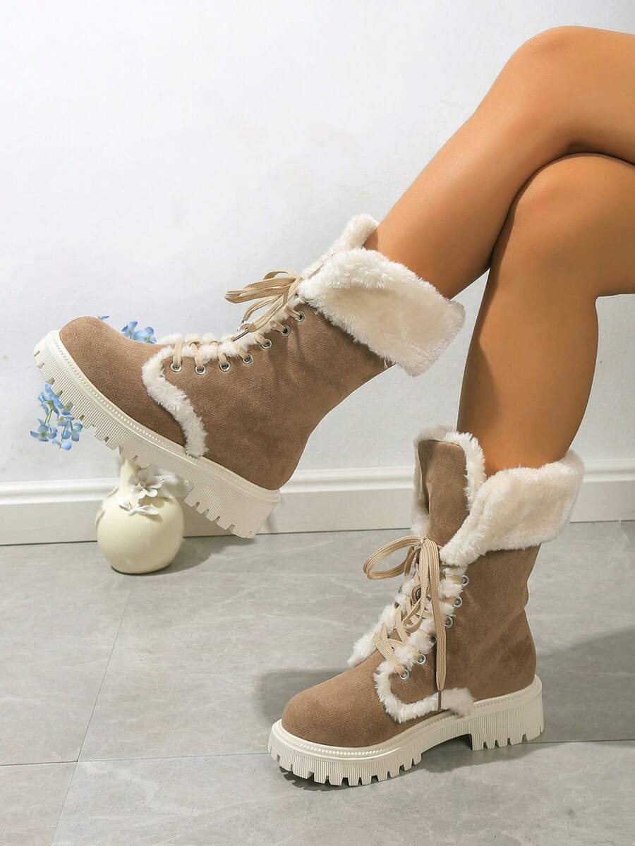 Thick Sole MidCalf LaceUp Snow Boots For Women, Warm Plush Lined