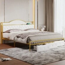 Metal Platform Bed With 3 Drawers, Storage Headboard, King, Gold