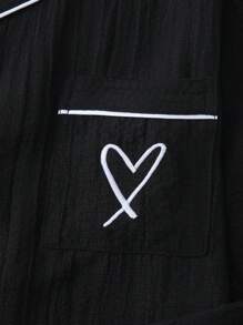 女士纯色撞色领口袋爱心刺绣长袖纽扣上衣和长裤睡衣家居服套装，2件套，适合居家穿着，秋季，两件套，秋冬服装 - 黑色 - 查看 4