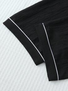 女士纯色撞色领口袋爱心刺绣长袖纽扣上衣和长裤睡衣家居服套装，2件套，适合居家穿着，秋季，两件套，秋冬服装 - 黑色 - 查看 7