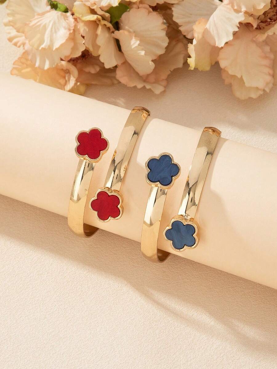 1 件欧美风格简约花朵设计重叠开口手镯 - 星星 - 查看 1