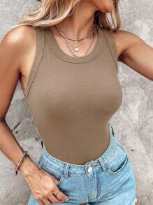 Ribbed Round Neck Built-In Bra Tank Top - Khaki - View 3