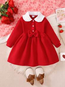 Vestido de niña con mangas largas y forro térmico, combinación de parches con cuello de volantes y cardigan medio abierto de una sola capa, vestido de niña con lazo, elegante vestido rojo de princesa, apto para niñas de 4 a 7 años para uso diario