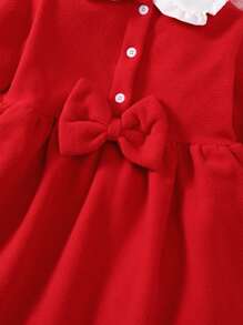 Vestido de niña con mangas largas y forro térmico, combinación de parches con cuello de volantes y cardigan medio abierto de una sola capa, vestido de niña con lazo, elegante vestido rojo de princesa, apto para niñas de 4 a 7 años para uso diario