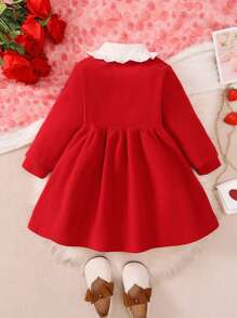Vestido de niña con mangas largas y forro térmico, combinación de parches con cuello de volantes y cardigan medio abierto de una sola capa, vestido de niña con lazo, elegante vestido rojo de princesa, apto para niñas de 4 a 7 años para uso diario