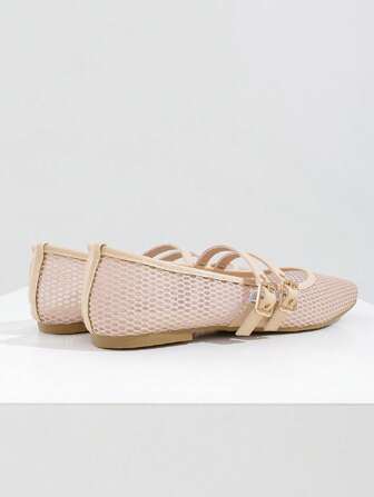 新款女士平底芭蕾网鞋，黑色和米色，圆头，纯色透气休闲平底鞋，时尚舒适