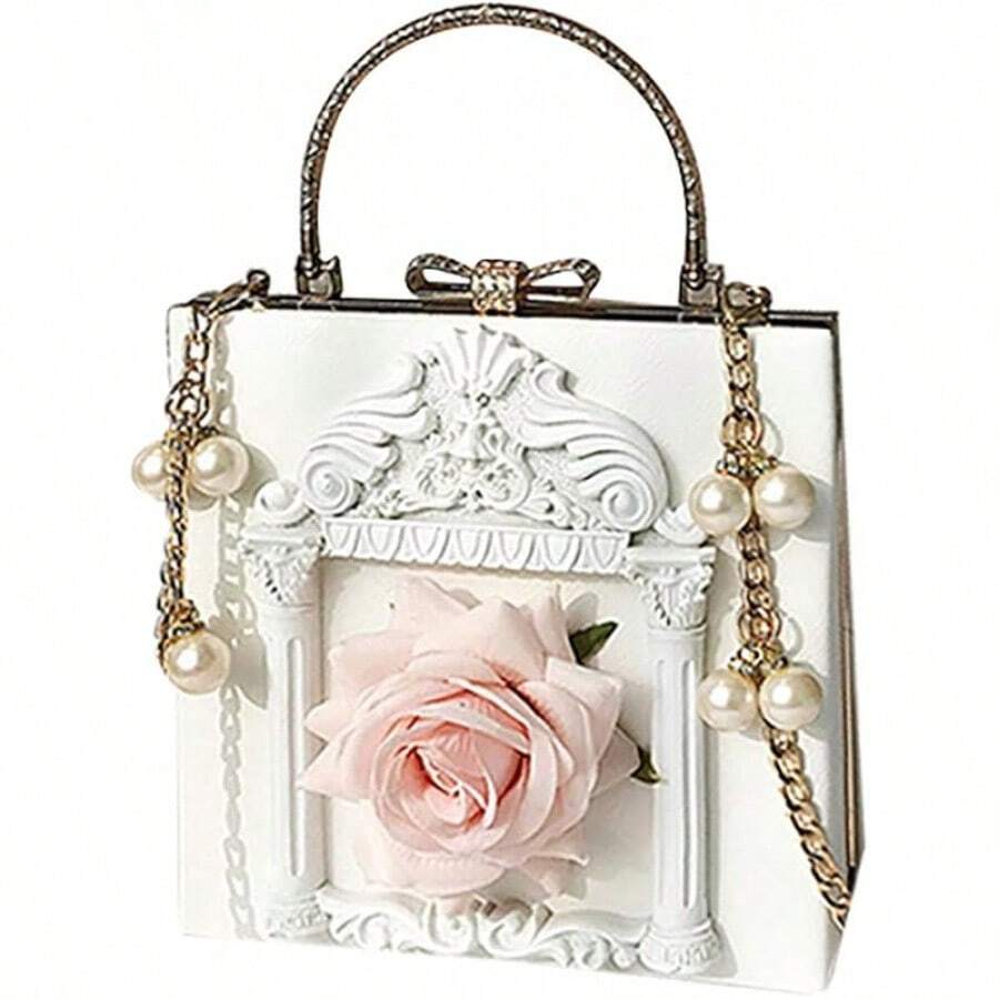 QZUnique Women Love Angel Floral Evening Bag Rose Embossed Formal Purse Clutch Black Gold Crossbody Pearl Chain Shoulder Bag - White - View 1