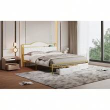 Metal Platform Bed With 3 Drawers, Storage Headboard, King, Gold