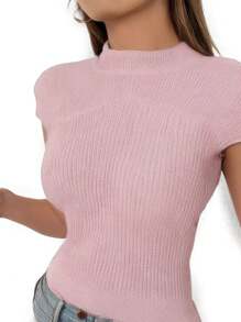 Women's Elegant Modal Knit Ribbed Short Sleeve Blouse - 乾枯玫瑰色 - 查看 1