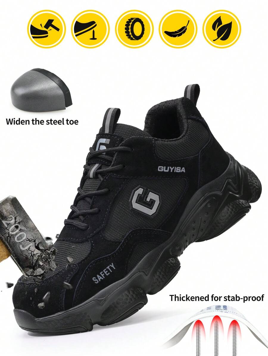 GUYISA 男式轻便休闲透气工作安全鞋，带钢头，防刺穿，四季皆宜 - 黑色 - 查看 1