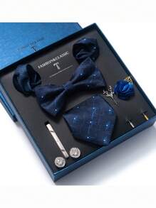 AlanKing 1set Orange Necktie, Pocket Square, Cufflinks, Boutonniere Suit For Men, Wedding Party Formal Gift Box Christmas