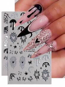 2pcs Halloween Nail Art Stickers: Self-Adhesive Decals Featuring Glittery Spiderwebs, Spiders, Ghosts, Skulls, And Pumpkins – Cute, Charming Nail Decorations And Salon Accessories - Multicolor - View 8
