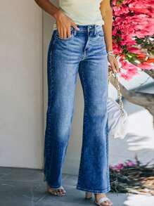 Straight Leg Women's Jeans, High Loose Sports Pants, High Waisted Pants, Women's Pants - Rửa trung bình - Xem 3