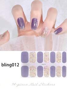 玫瑰粉色闪粉全覆盖美甲贴纸，光泽亮丽，易于DIY，持久耐用，适合派对和日常美甲佩戴。美甲用品 - 紫色 - 查看 12