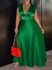 Plus Size Satin V-Neck Ruffle Hem Glossy Dress