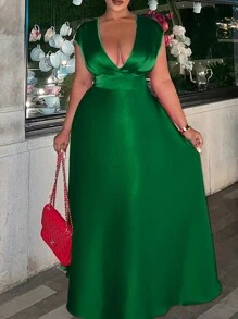 Plus Size Satin V-Neck Ruffle Hem Glossy Dress
