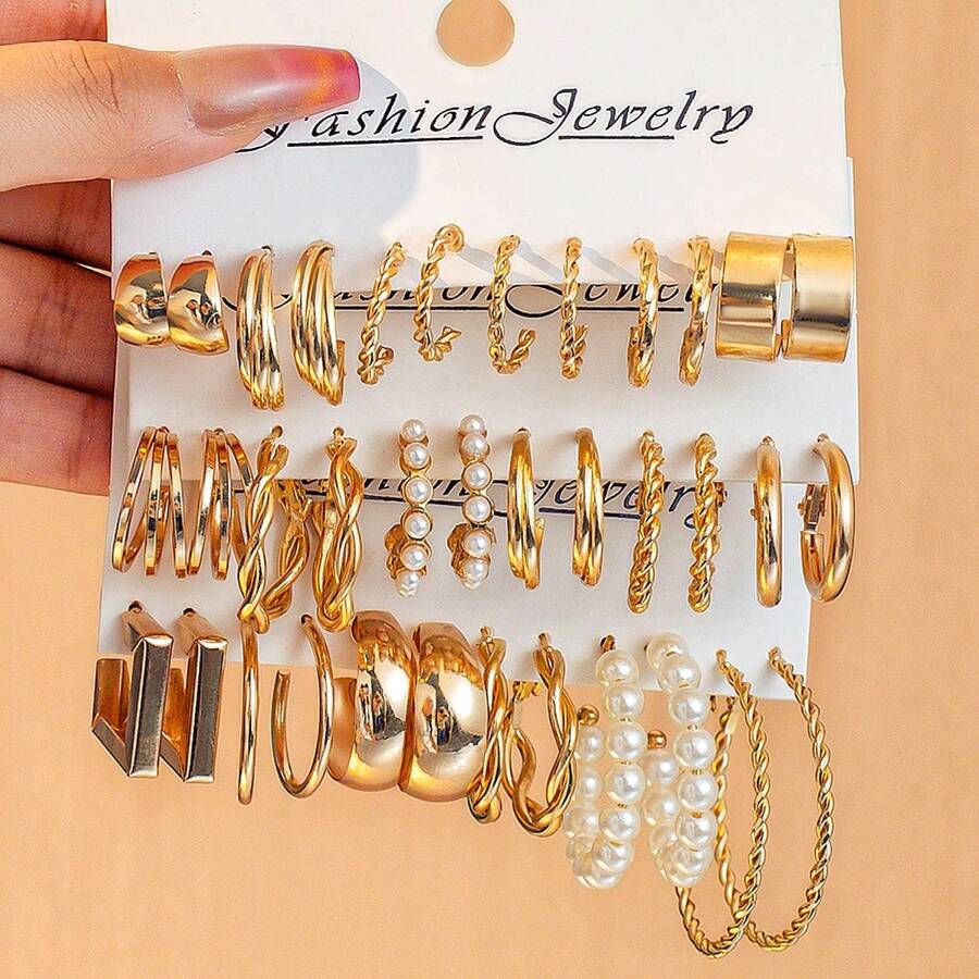 1-24 chiếc/Bộ Hoa tai vòng lớn phong cách Châu Âu và Mỹ mới với ngọc trai giả - vòng khuyên tai - Xem 1