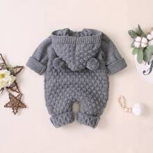 Cute & Adorable Toddler Hooded Pompom Jumpsuit, Comfortable Casual Romper Design, Simple & Fashionable 3D Effect, Infant Cozy Outdoor Outfit