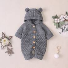 Cute & Adorable Toddler Hooded Pompom Jumpsuit, Comfortable Casual Romper Design, Simple & Fashionable 3D Effect, Infant Cozy Outdoor Outfit