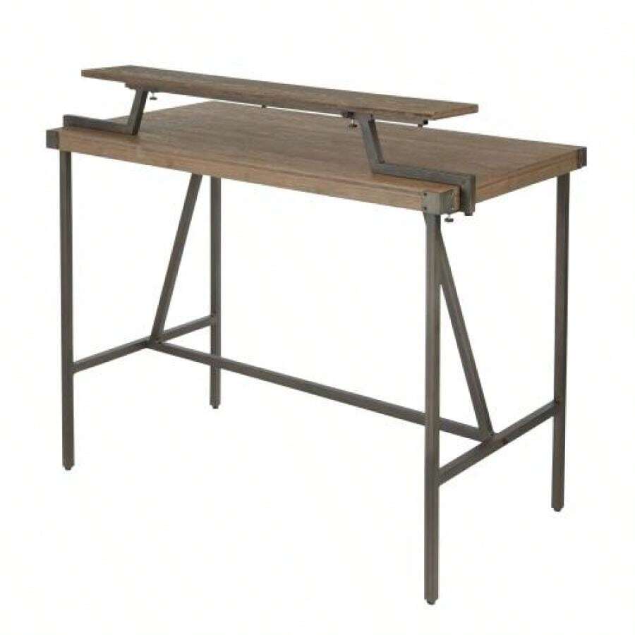 Gia Industrial Counter Table In Antique Metal And Brown WoodPressed