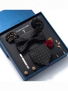 AlanKing 1set Orange Necktie, Pocket Square, Cufflinks, Boutonniere Suit For Men, Wedding Party Formal Gift Box Christmas