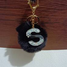 1pc Cute Letter Shaped Zinc Alloy Keychain, Keyring Spring/Summer/Autumn/Winter, Black English Letters & Fuzzy Ball Decor Car Accessories Bag Charm Backpack For School Goth Y2k Christmas Gift Ideas Bag Accessories Lanyards With Id Holder Car Accessories Bag Charms Car Teacher Friend Sister - Black + White - View 24