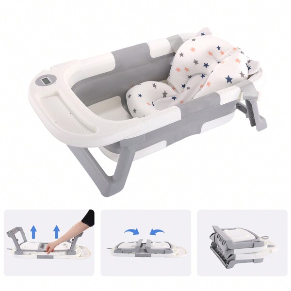 Collapsible Baby Bathtub, Baby Bath Tub With Soft Cushion & Thermometer, Baby Bathtub Newborn To Toddler 0-36 Months, Portable Travel Baby Tub