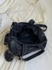 2pcs Fashionable New Retro Style Large Capacity Tote Bag Niche Design Solid Color Casual Simple Shoulder Bag Portable Adjustable Shoulder Strap Messenger Bag Suitable For Work Commuting Students To Class Daily Outings Shopping. - Màu xanh lam - Xem 9