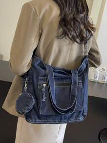 2pcs Fashionable New Retro Style Large Capacity Tote Bag Niche Design Solid Color Casual Simple Shoulder Bag Portable Adjustable Shoulder Strap Messenger Bag Suitable For Work Commuting Students To Class Daily Outings Shopping. - Màu xanh lam - Xem 4